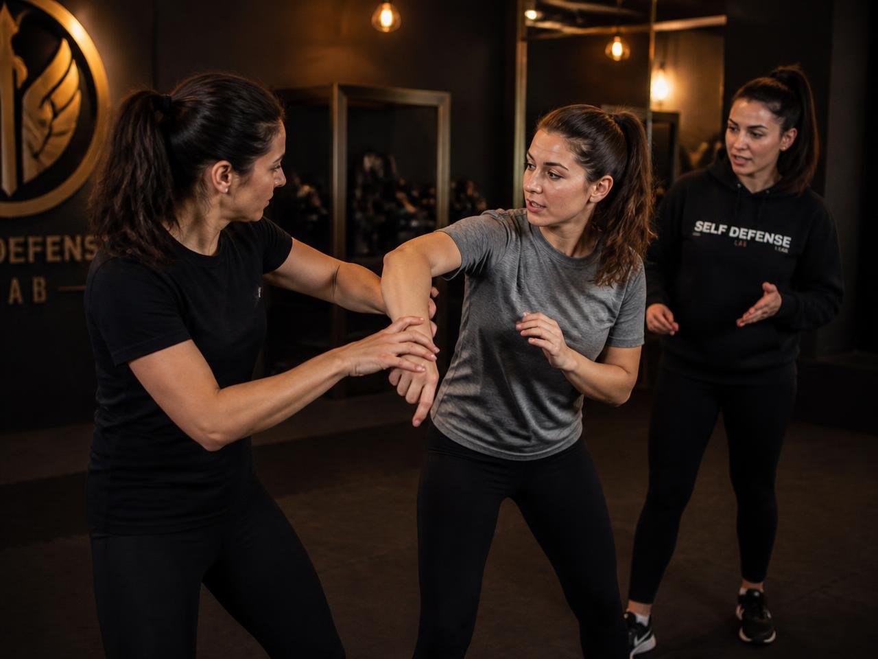 Instructor coaching women through a hands-on self-protection drill