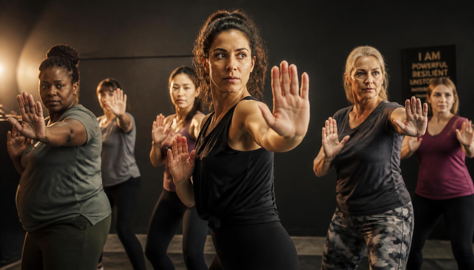 Women practicing assertive boundary-setting stances in a self-protection workshop